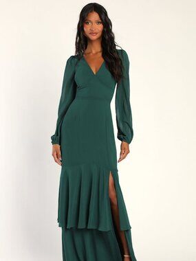 Lulus Tier Elegance Hunter Green Long Sleeve Tiered Maxi Dress - Size S